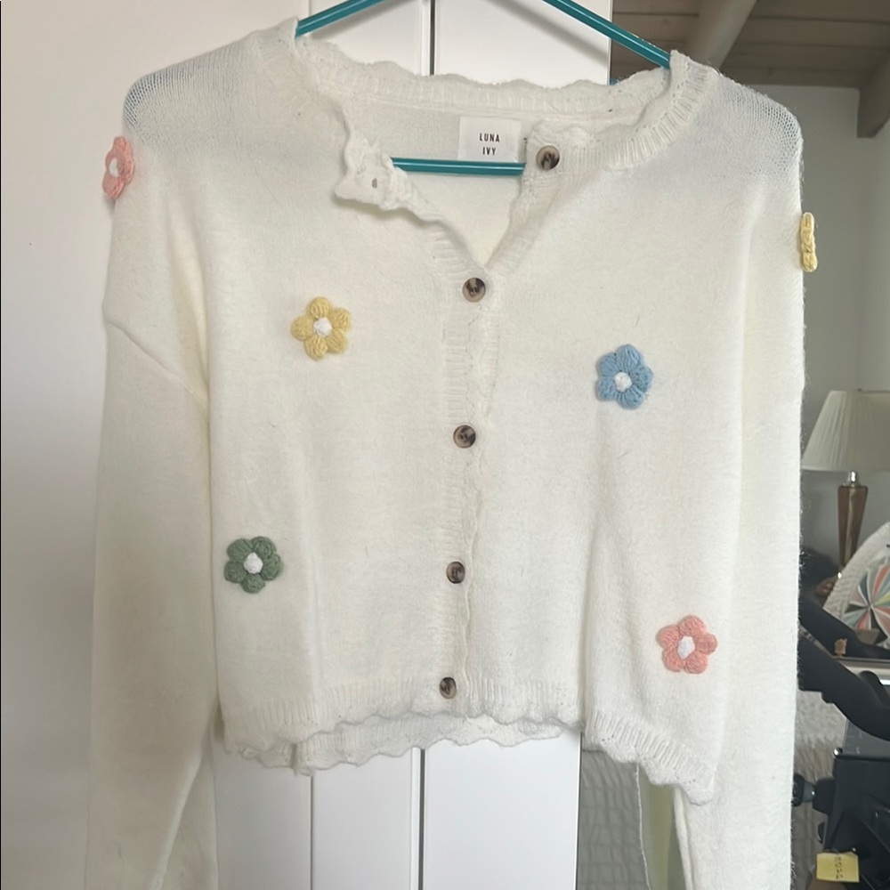 White Floral Cardigan Sweater with Pastel Embellishments